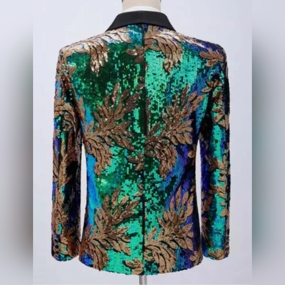 Sequin Blazer For Men Blue/Green/ Gold Leaves Pattern - Picture 4 of 14